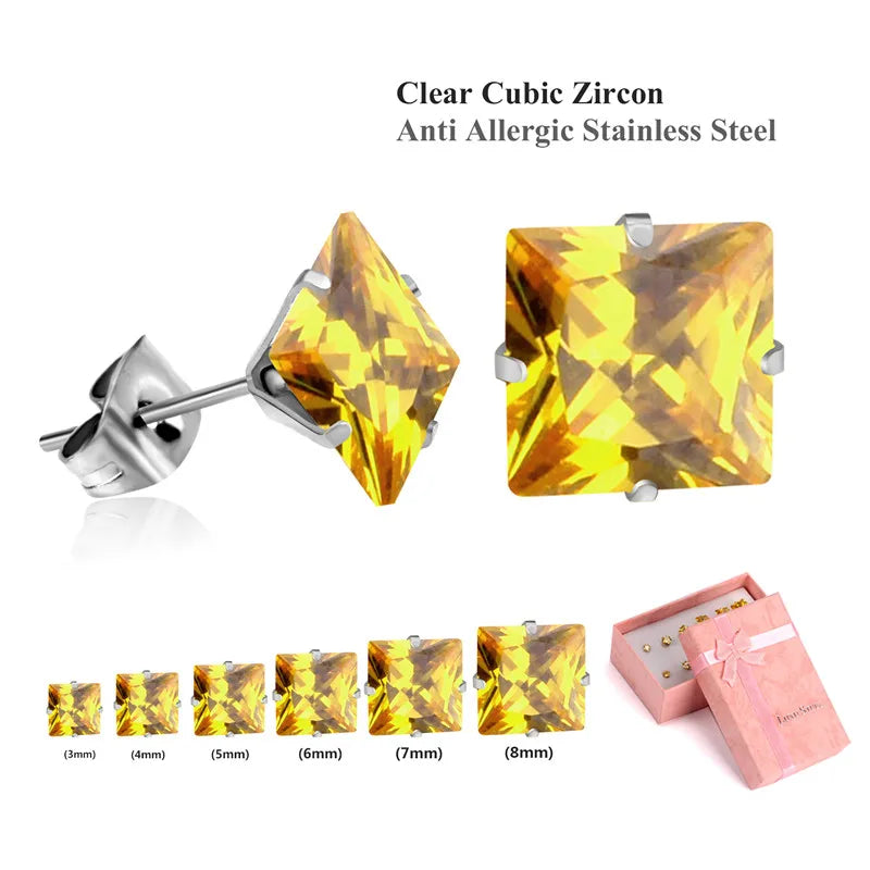 LUXUSTEEL 6Pairs Stainless Steel Earrings Sets For Women Men Square White Crystal Stud Earrings Brinco Party Bijoux