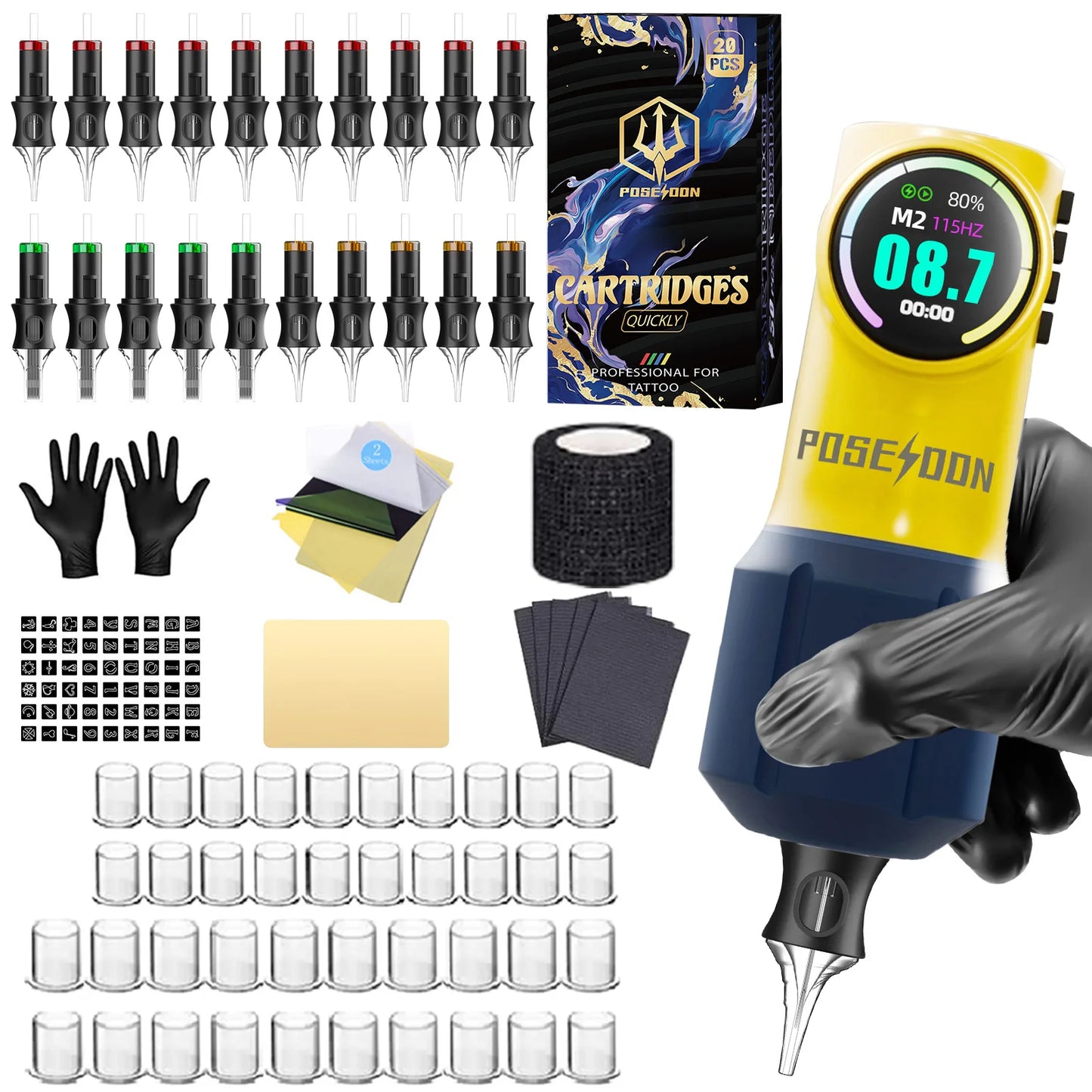 Kit Tattoo POSEIDON V5 Yellow Edition – Set Inalámbrico Profesional para PMU y Tattoo