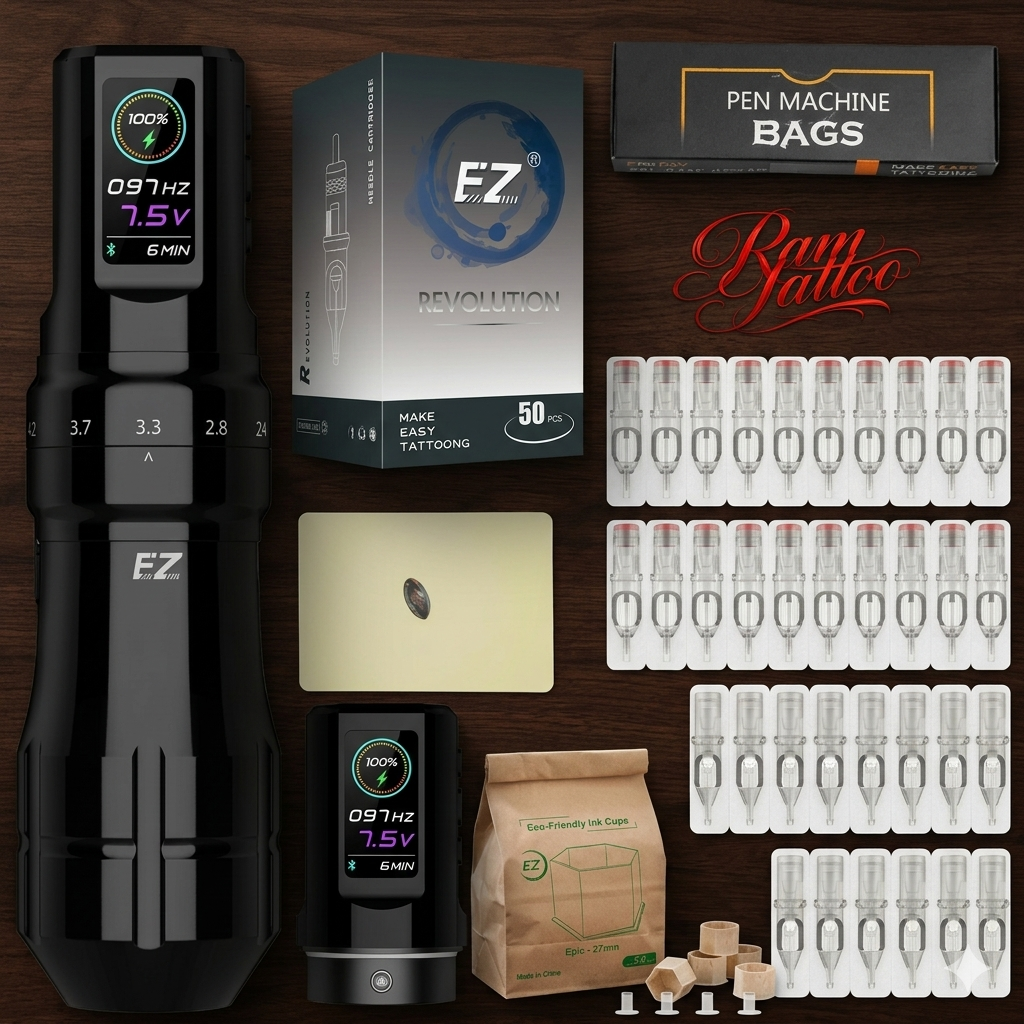 EZ P3 Pro Wireless Battery Tattoo Machine Pen Kits 50pcs EZ Cartridge Tattoo Needles Adjustable Stroke OLED Digital Display