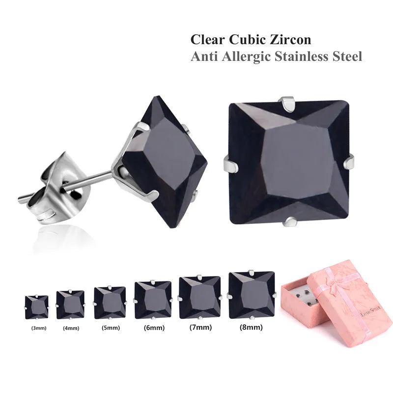 LUXUSTEEL 6Pairs Stainless Steel Earrings Sets For Women Men Square White Crystal Stud Earrings Brinco Party Bijoux
