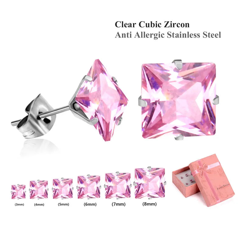 LUXUSTEEL 6Pairs Stainless Steel Earrings Sets For Women Men Square White Crystal Stud Earrings Brinco Party Bijoux