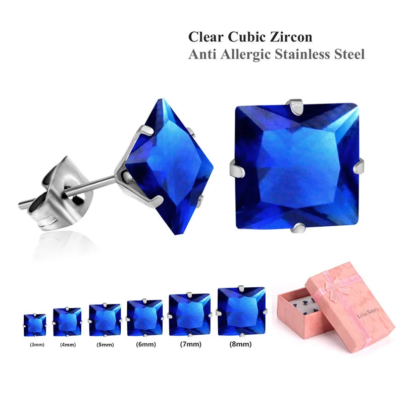 LUXUSTEEL 6Pairs Stainless Steel Earrings Sets For Women Men Square White Crystal Stud Earrings Brinco Party Bijoux