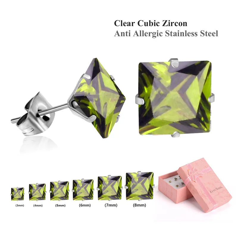LUXUSTEEL 6Pairs Stainless Steel Earrings Sets For Women Men Square White Crystal Stud Earrings Brinco Party Bijoux
