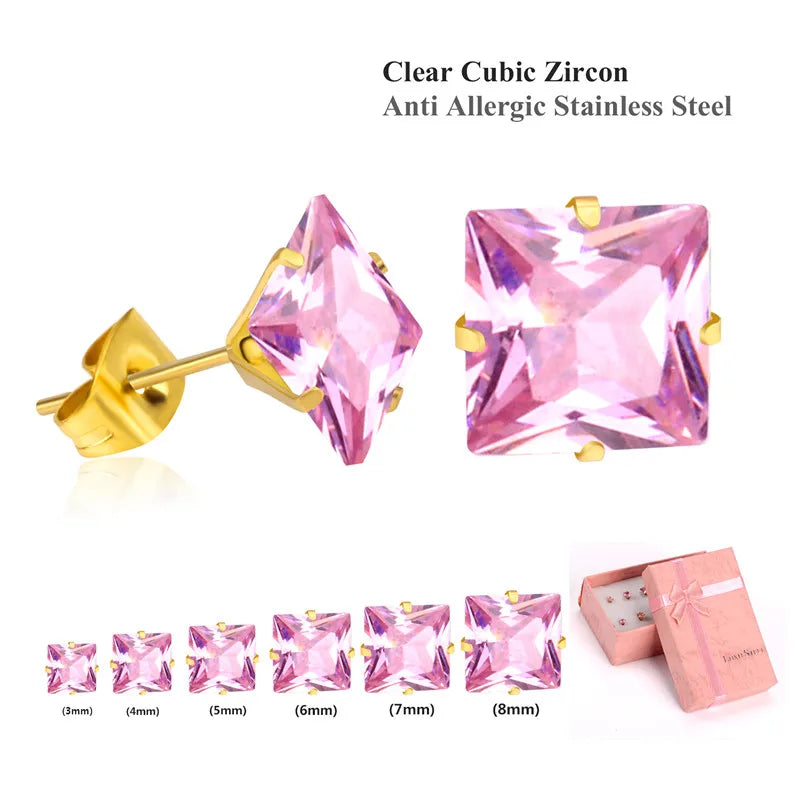 LUXUSTEEL 6Pairs Stainless Steel Earrings Sets For Women Men Square White Crystal Stud Earrings Brinco Party Bijoux