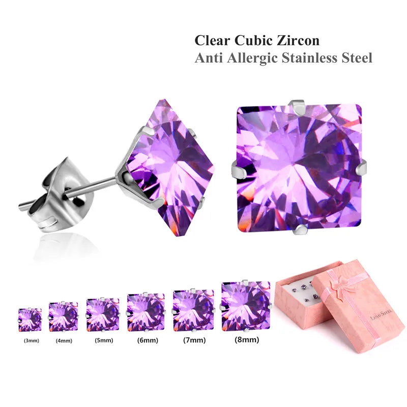 LUXUSTEEL 6Pairs Stainless Steel Earrings Sets For Women Men Square White Crystal Stud Earrings Brinco Party Bijoux