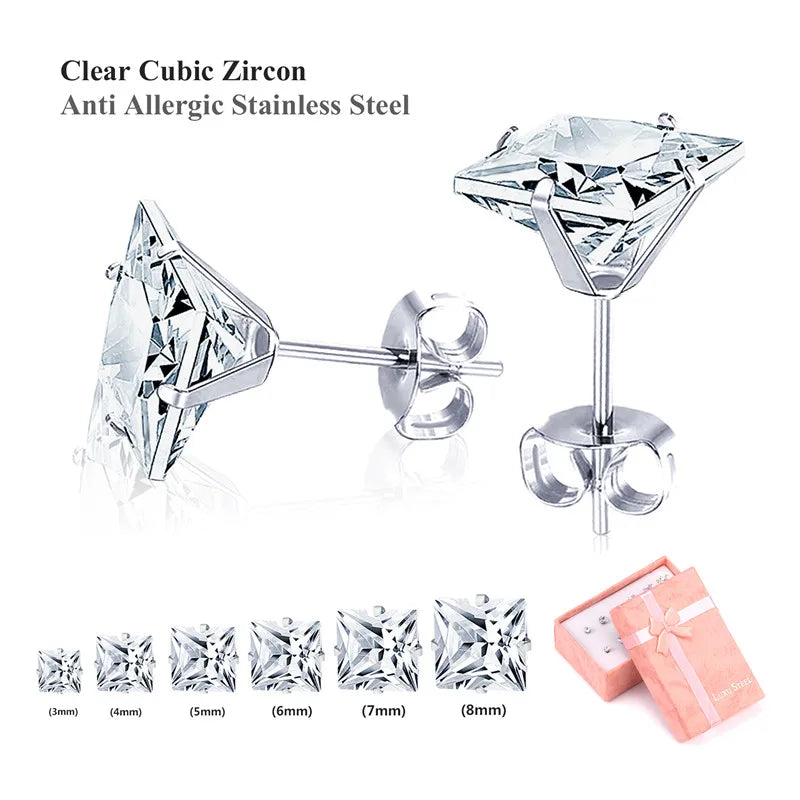 LUXUSTEEL 6Pairs Stainless Steel Earrings Sets For Women Men Square White Crystal Stud Earrings Brinco Party Bijoux