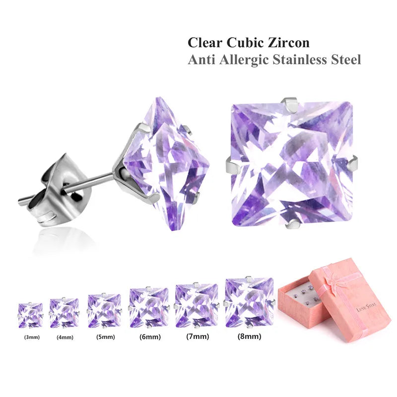 LUXUSTEEL 6Pairs Stainless Steel Earrings Sets For Women Men Square White Crystal Stud Earrings Brinco Party Bijoux