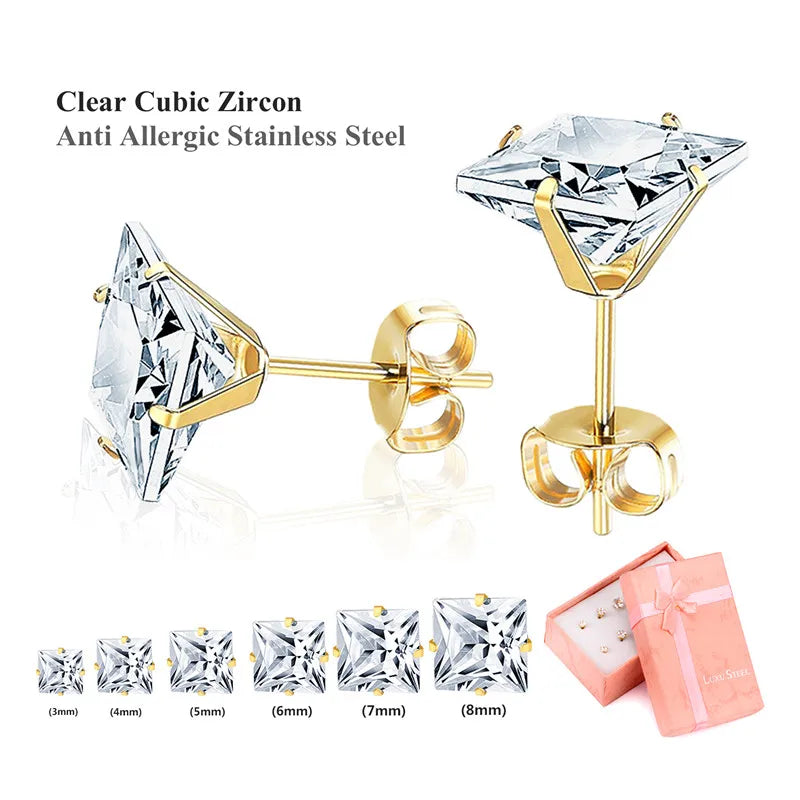 LUXUSTEEL 6Pairs Stainless Steel Earrings Sets For Women Men Square White Crystal Stud Earrings Brinco Party Bijoux