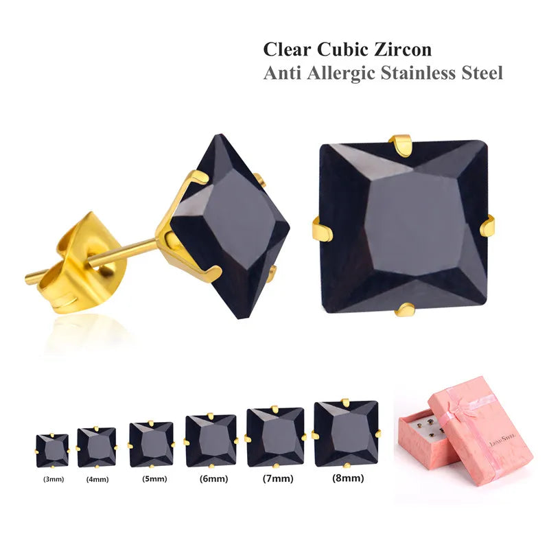 LUXUSTEEL 6Pairs Stainless Steel Earrings Sets For Women Men Square White Crystal Stud Earrings Brinco Party Bijoux