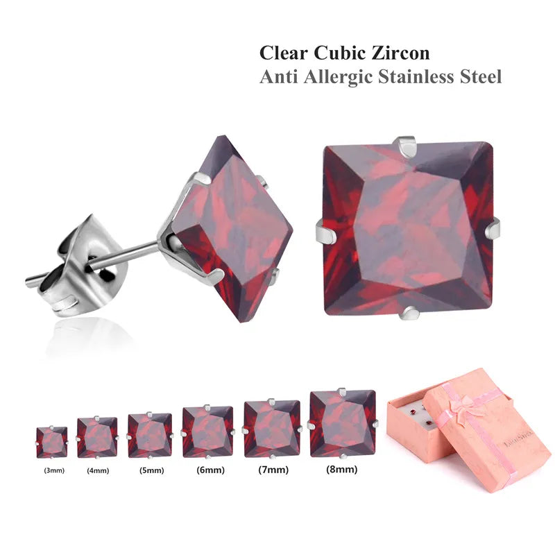 LUXUSTEEL 6Pairs Stainless Steel Earrings Sets For Women Men Square White Crystal Stud Earrings Brinco Party Bijoux