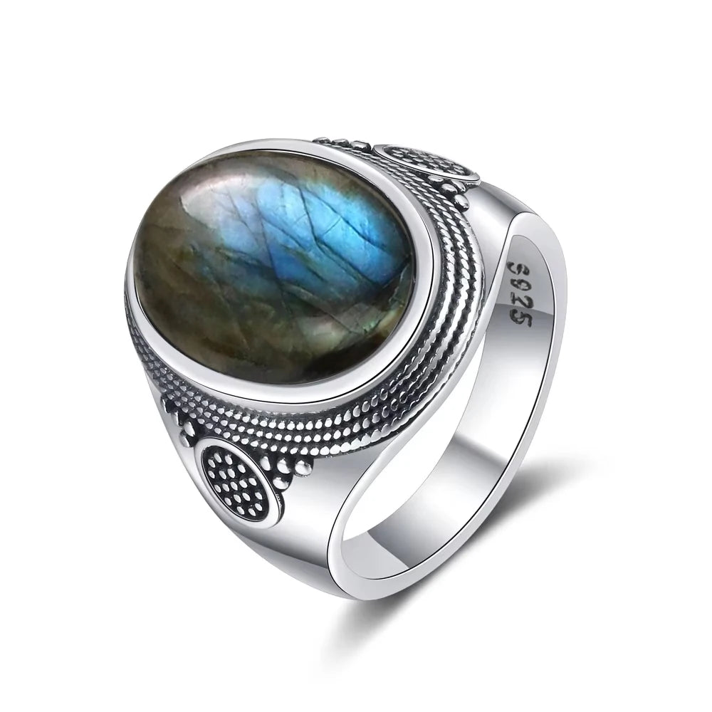Anillo Vintage de Plata 925 con Labradorita Natural y Piedra Luna – Estilo Boho Real