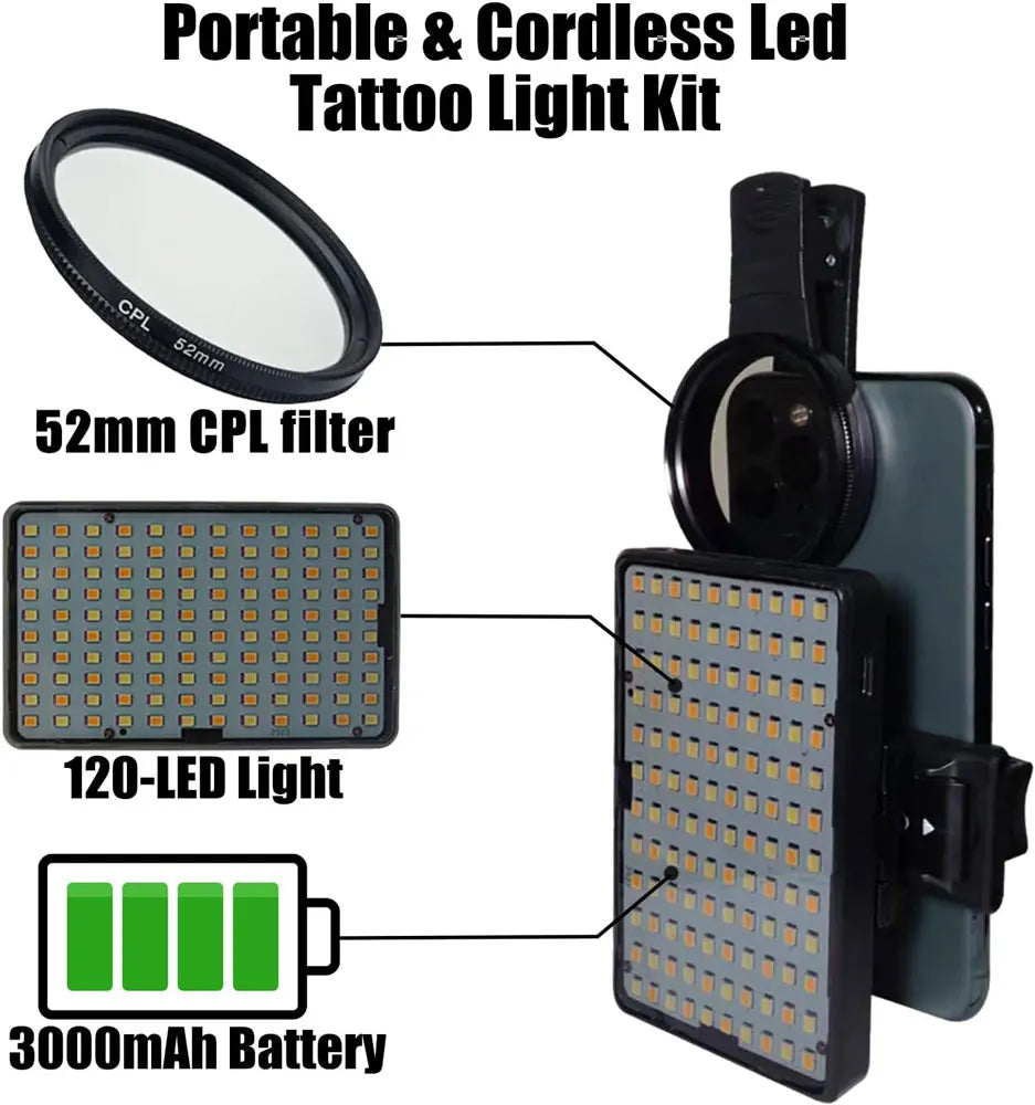 Kit de Fotografía Polarizada para Tatuajes – Luz de Relleno + Lentes Polarizados (Elimina Brillos y Reflejos)
