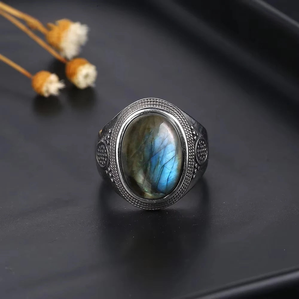 Anillo Vintage de Plata 925 con Labradorita Natural y Piedra Luna – Estilo Boho Real