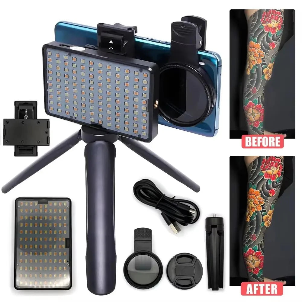 Kit de Fotografía Polarizada para Tatuajes – Luz de Relleno + Lentes Polarizados (Elimina Brillos y Reflejos)