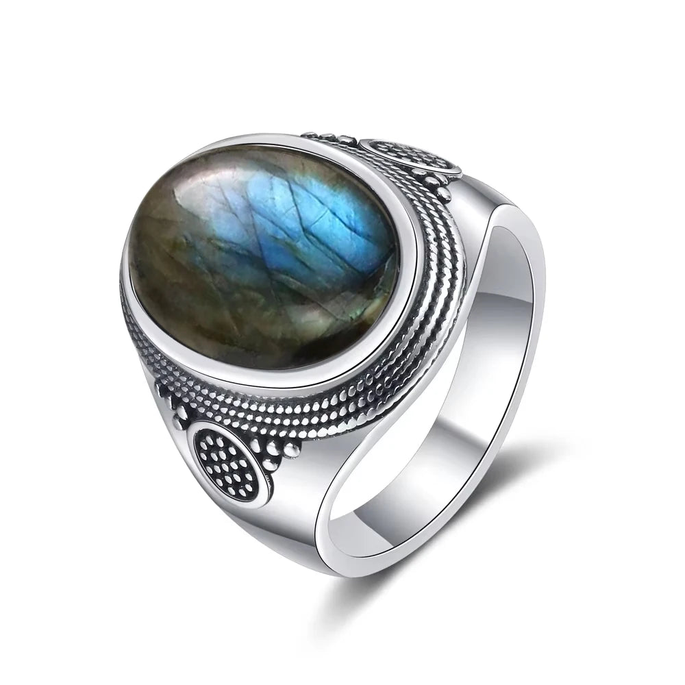 Anillo Vintage de Plata 925 con Labradorita Natural y Piedra Luna – Estilo Boho Real