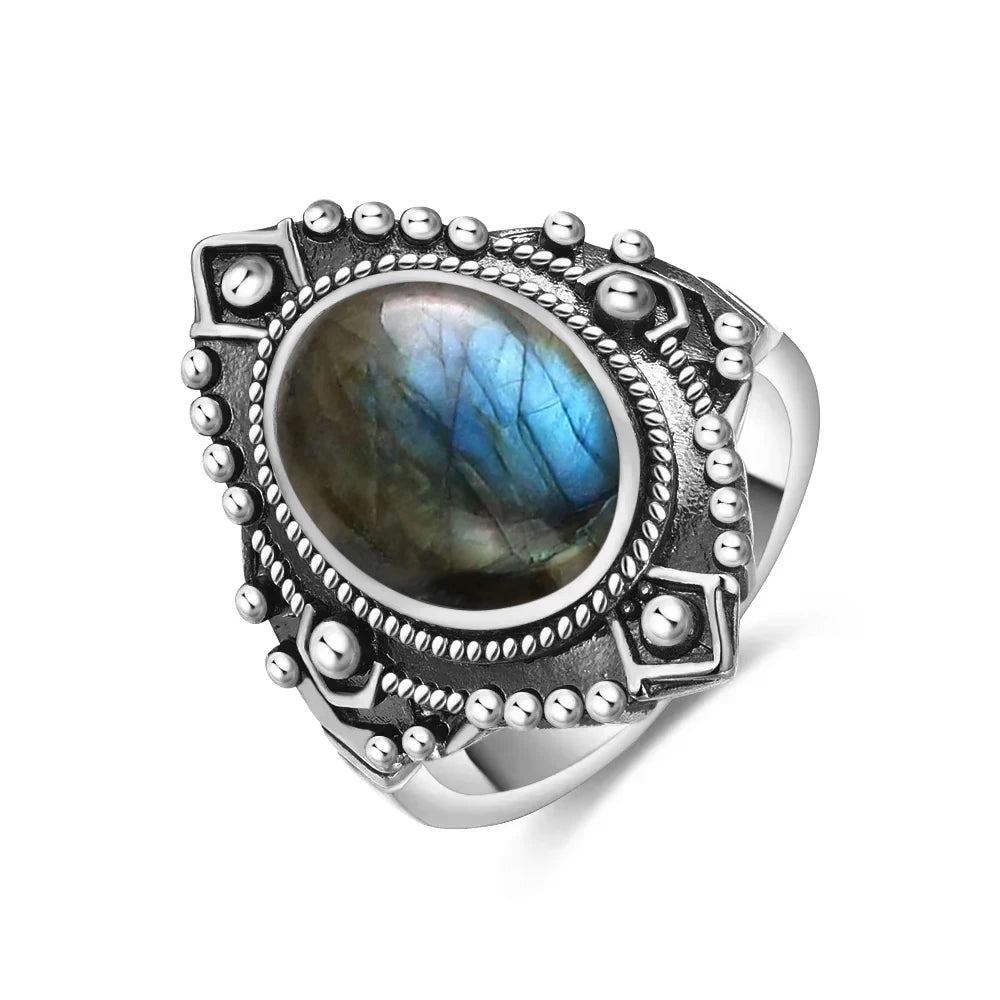 Anillo Vintage de Plata 925 con Labradorita Natural y Piedra Luna – Estilo Boho Real
