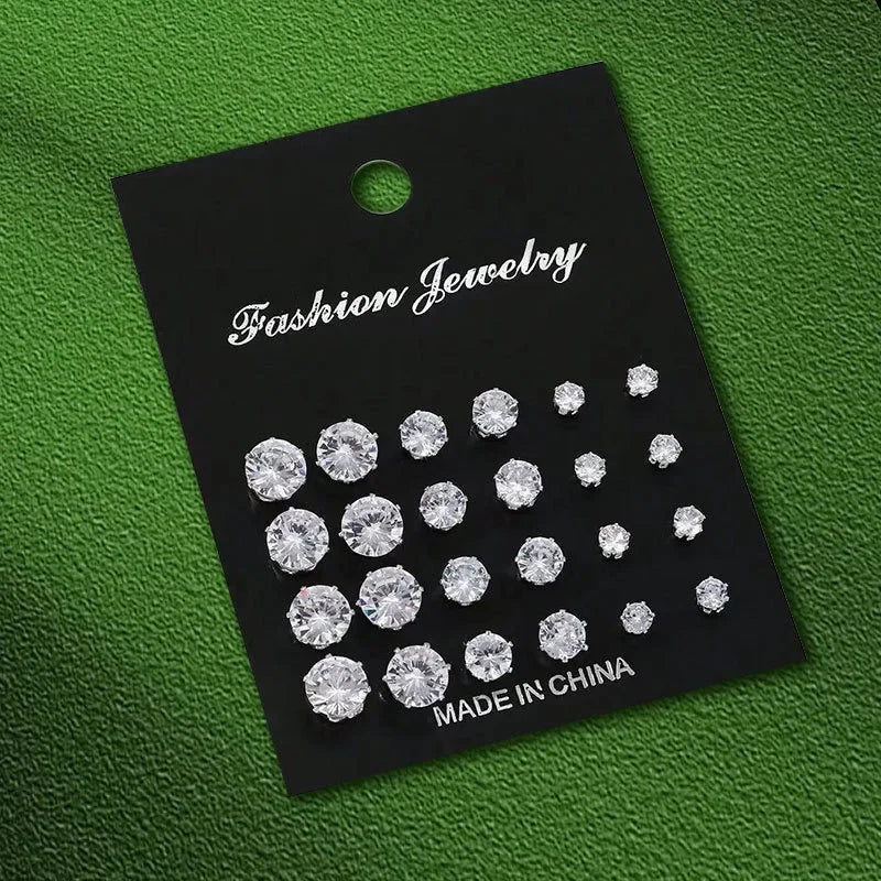 Autumn/Winter Geometric Six-Claw Heart-Shaped Crystal Zircon Basic Set Ear Studs Vintage Elegant 36 Pairs Unisex