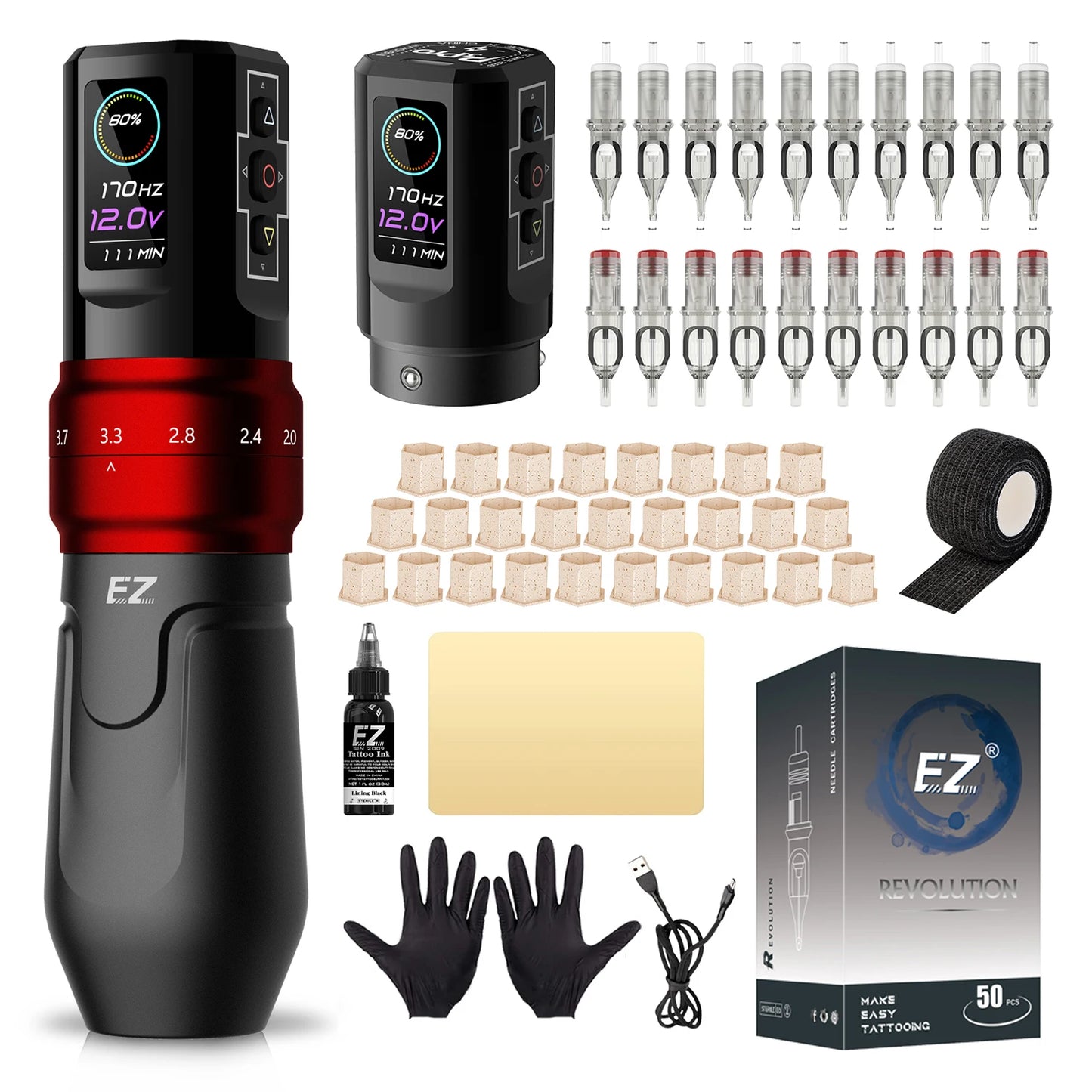 EZ P3 Pro Wireless Battery Tattoo Machine Pen Kits 50pcs EZ Cartridge Tattoo Needles Adjustable Stroke OLED Digital Display
