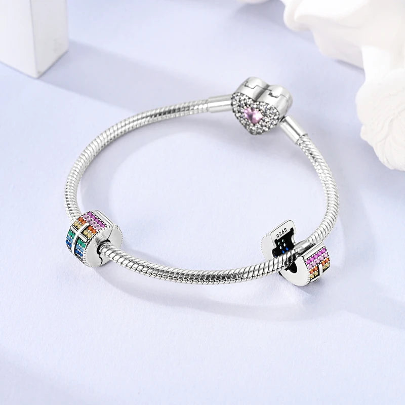 Silver Clasp 925 Sterling Silver CZ pave Clip Charms Daisy Beads Stopper Safety Chain fit Original Bangle Bracelet Jewelry Clip
