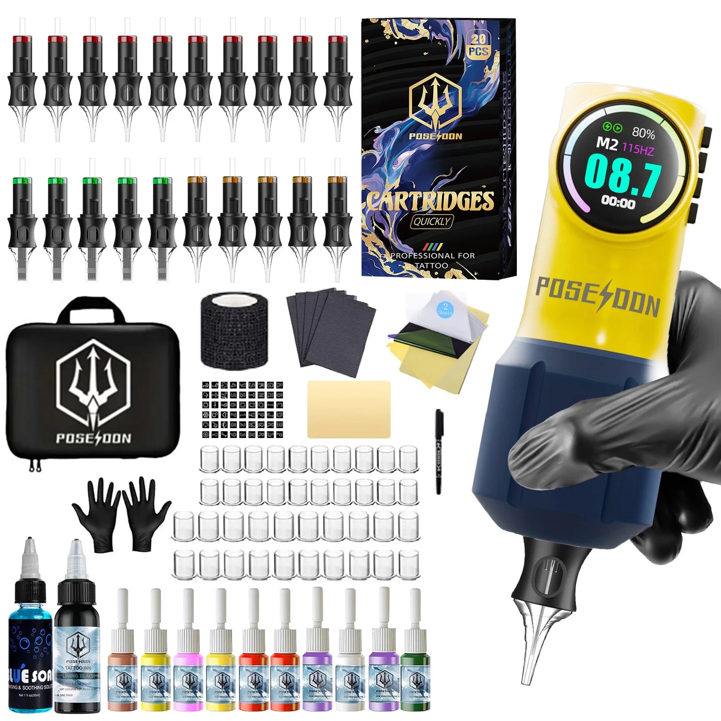 Kit Tattoo POSEIDON V5 Yellow Edition – Set Inalámbrico Profesional para PMU y Tattoo