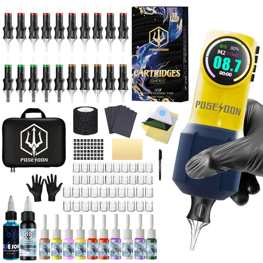 Kit Tattoo POSEIDON V5 Yellow Edition – Set Inalámbrico Profesional para PMU y Tattoo