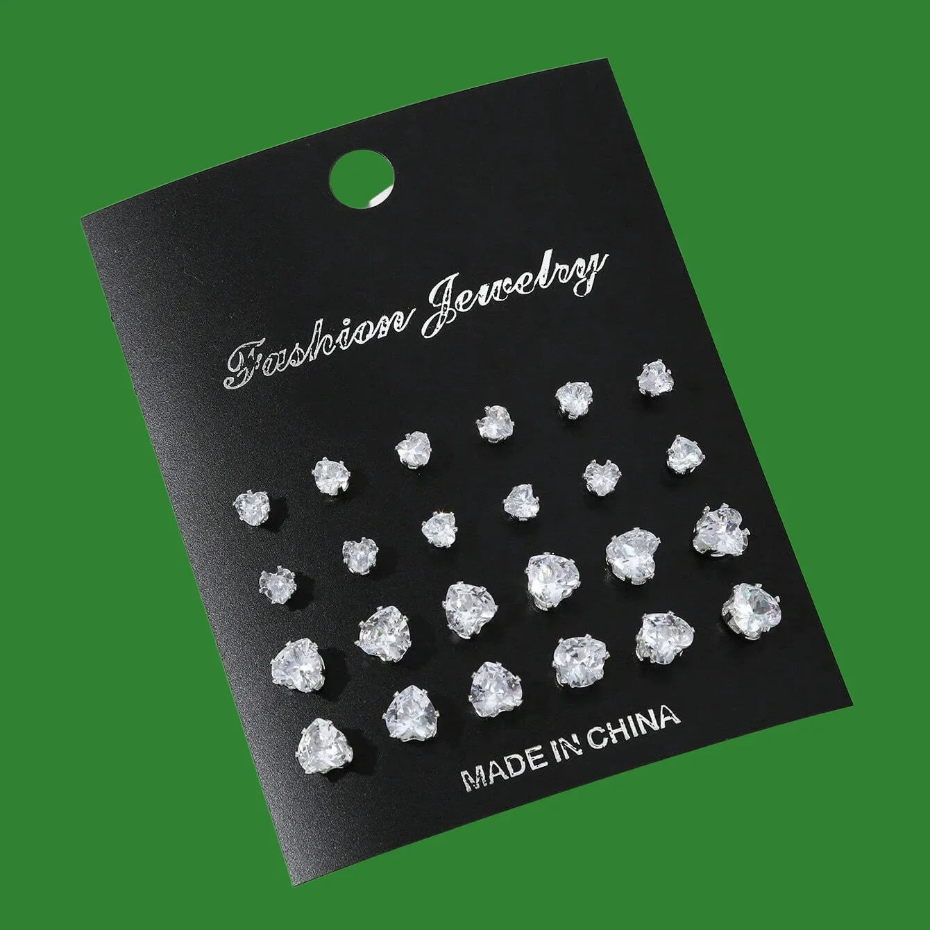 Autumn/Winter Geometric Six-Claw Heart-Shaped Crystal Zircon Basic Set Ear Studs Vintage Elegant 36 Pairs Unisex