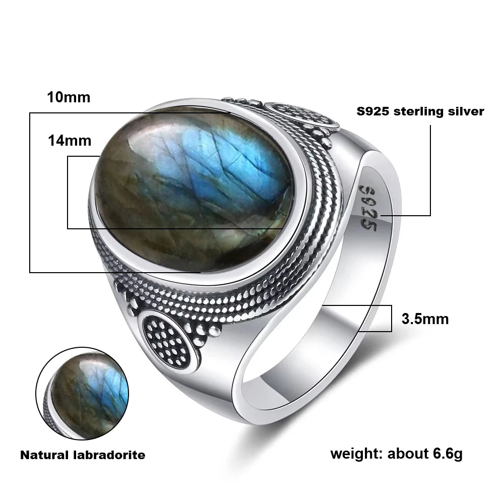 Anillo Vintage de Plata 925 con Labradorita Natural y Piedra Luna – Estilo Boho Real