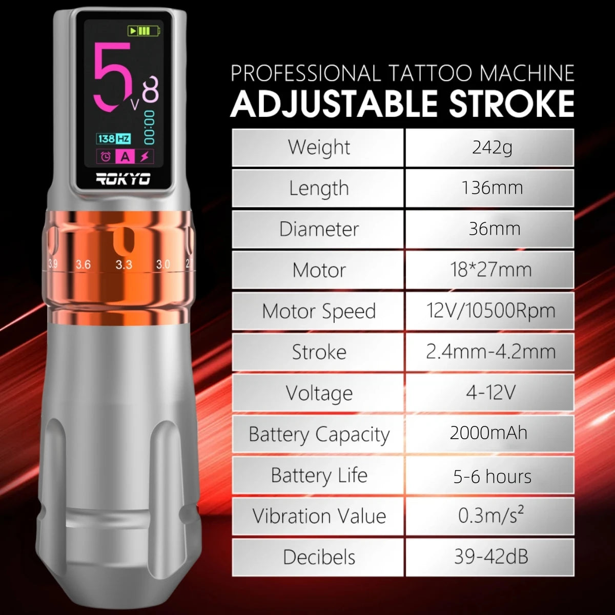Máquina Pen ROKYO Professional – Motor Suizo, Stroke Ajustable (2.4 - 4.2mm) y 2000mAh