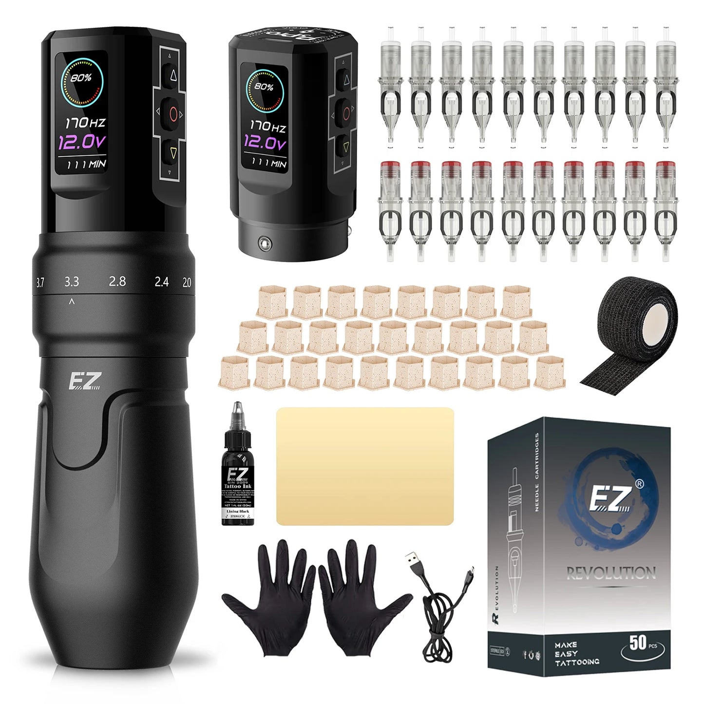 EZ P3 Pro Wireless Battery Tattoo Machine Pen Kits 50pcs EZ Cartridge Tattoo Needles Adjustable Stroke OLED Digital Display