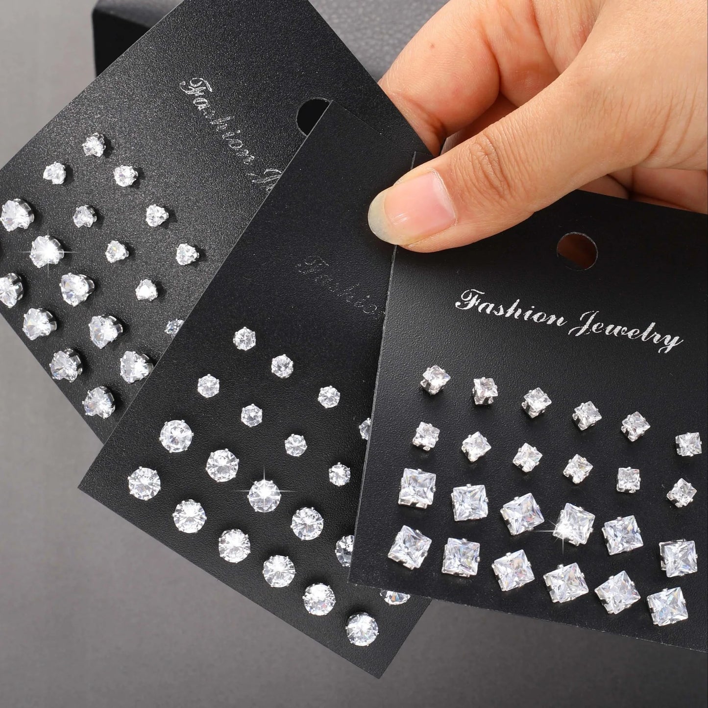 Autumn/Winter Geometric Six-Claw Heart-Shaped Crystal Zircon Basic Set Ear Studs Vintage Elegant 36 Pairs Unisex