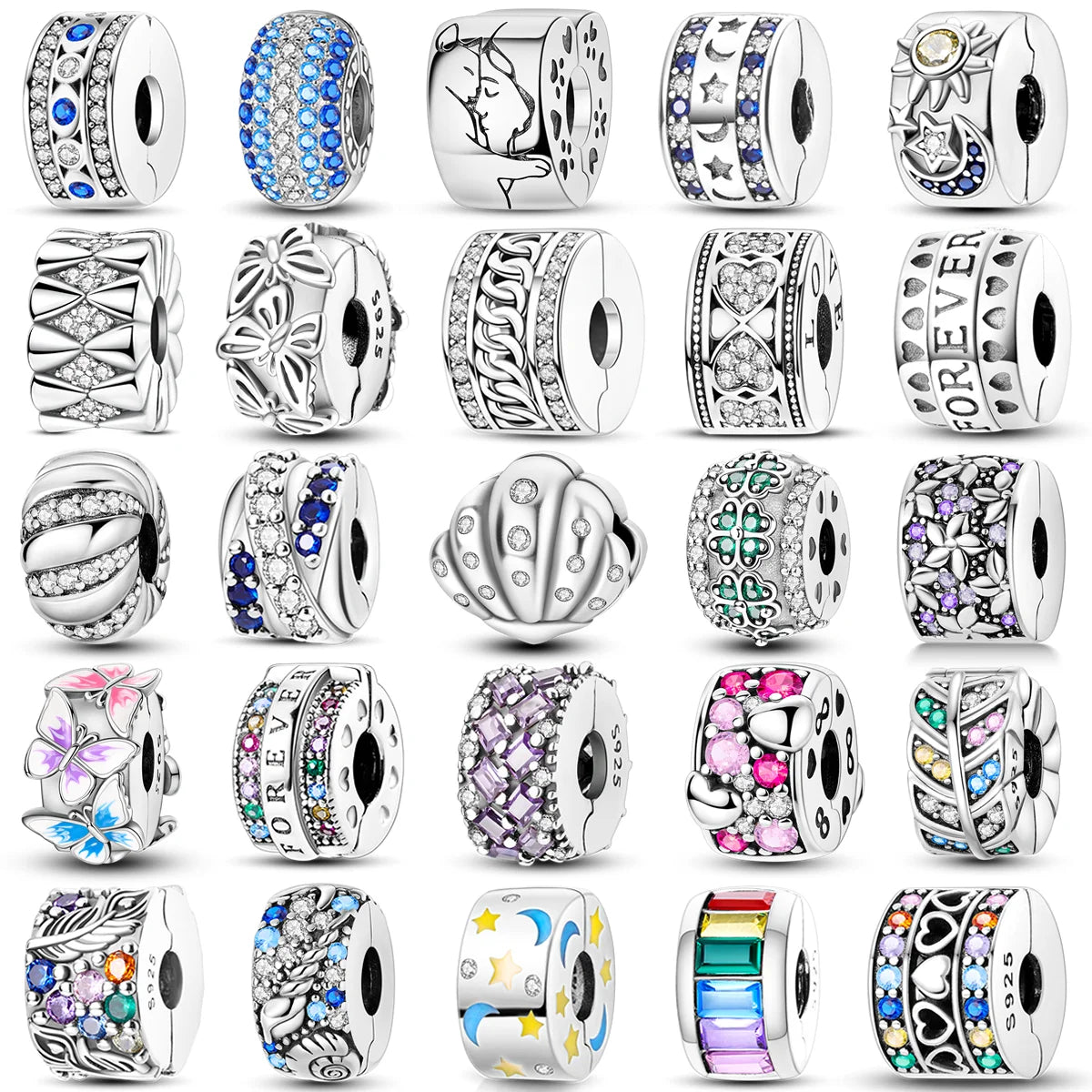 Silver Clasp 925 Sterling Silver CZ pave Clip Charms Daisy Beads Stopper Safety Chain fit Original Bangle Bracelet Jewelry Clip