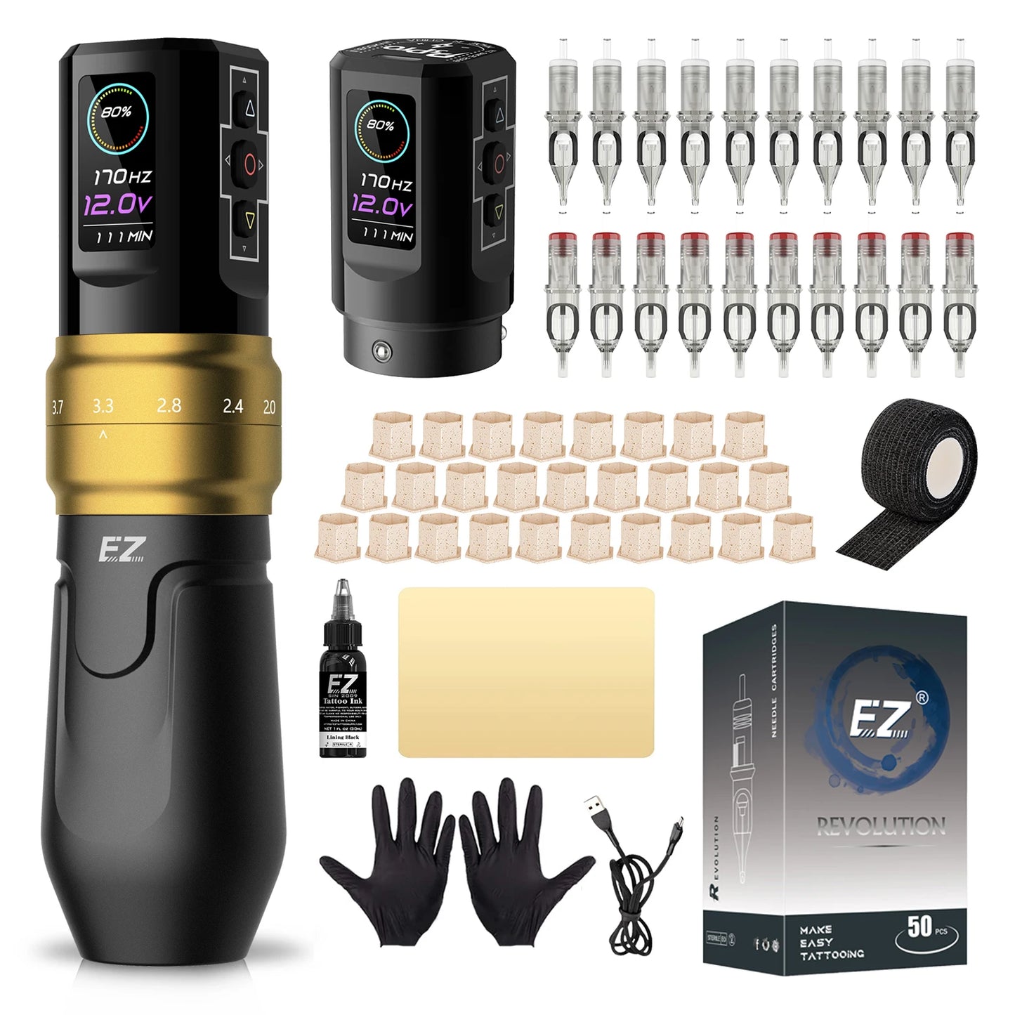 EZ P3 Pro Wireless Battery Tattoo Machine Pen Kits 50pcs EZ Cartridge Tattoo Needles Adjustable Stroke OLED Digital Display