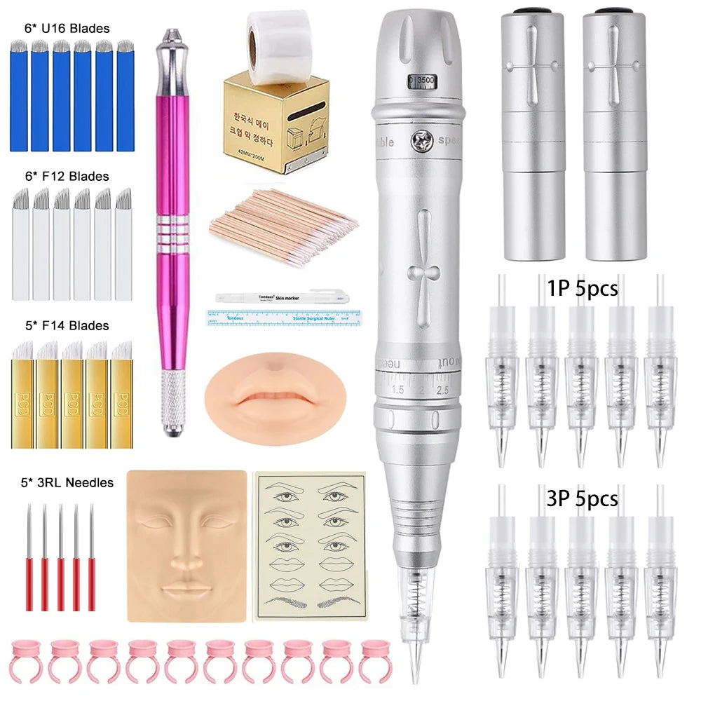 Máquina de maquillaje permanente inalámbrica para cejas, microblading, delineado de ojos, microshading de labios, kit profesional de máquina de tatuaje rotativa.