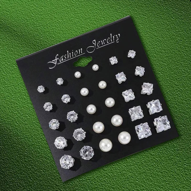 Autumn/Winter Geometric Six-Claw Heart-Shaped Crystal Zircon Basic Set Ear Studs Vintage Elegant 36 Pairs Unisex