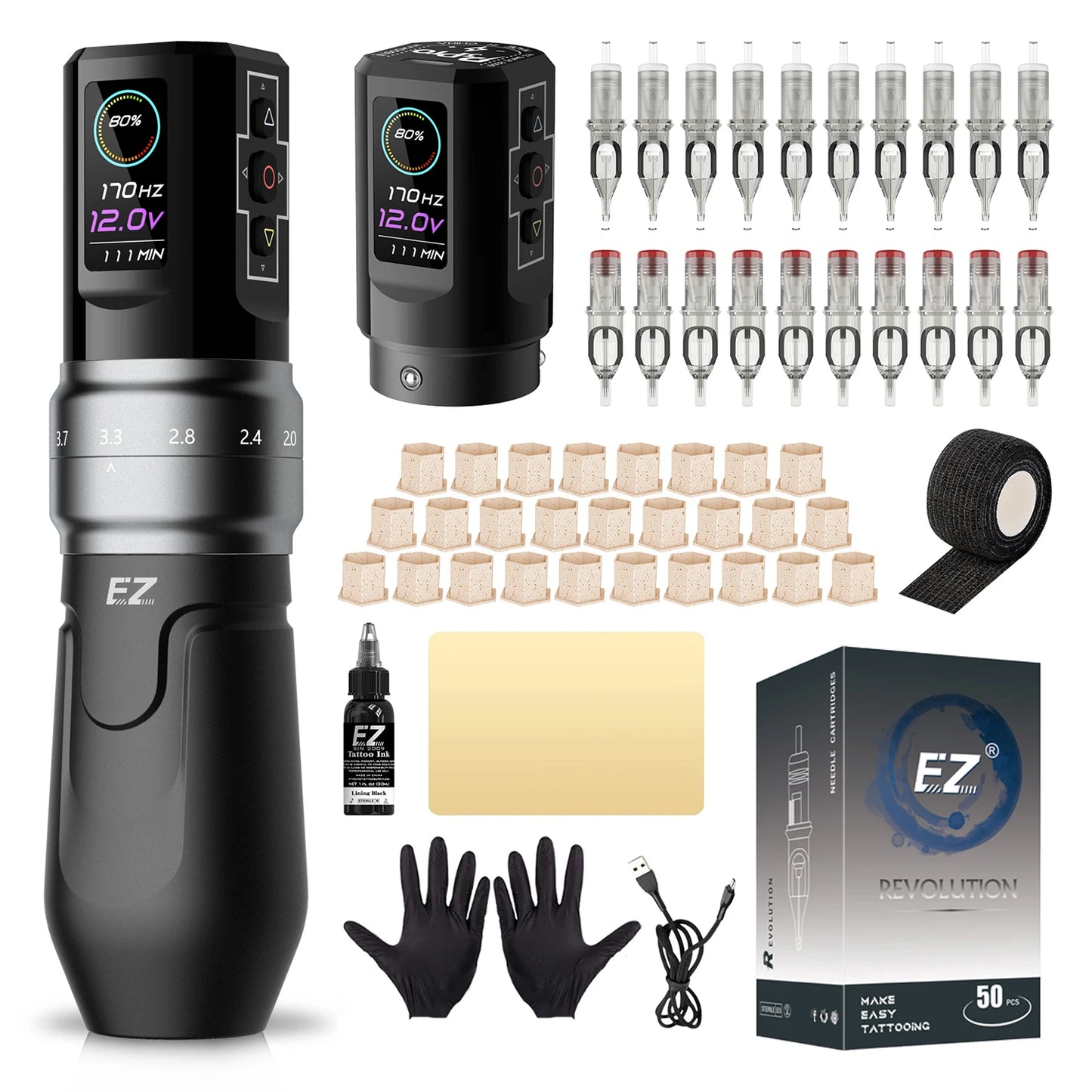 EZ P3 Pro Wireless Battery Tattoo Machine Pen Kits 50pcs EZ Cartridge Tattoo Needles Adjustable Stroke OLED Digital Display