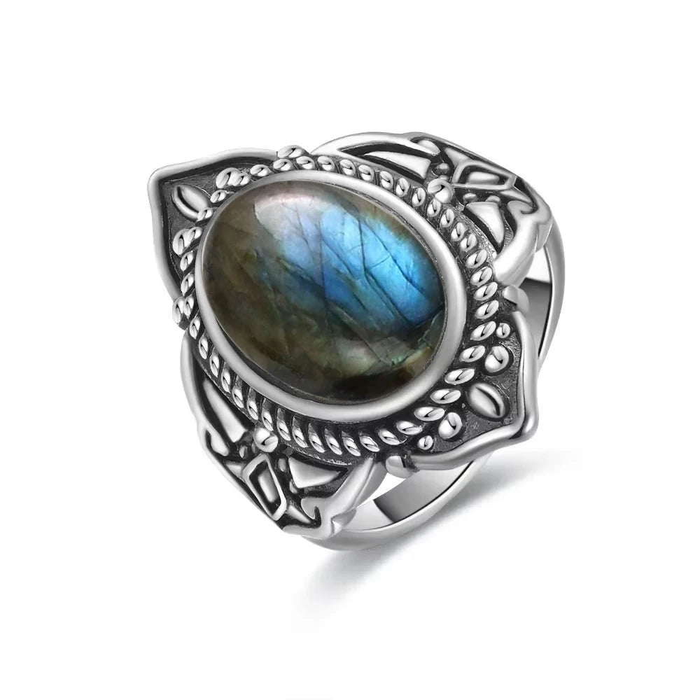 Anillo Vintage de Plata 925 con Labradorita Natural y Piedra Luna – Estilo Boho Real