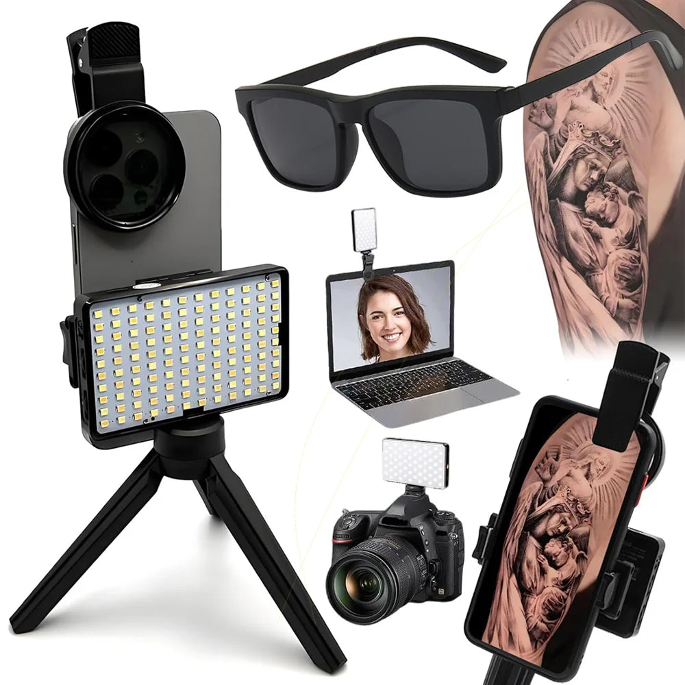Kit de Fotografía Polarizada para Tatuajes – Luz de Relleno + Lentes Polarizados (Elimina Brillos y Reflejos)