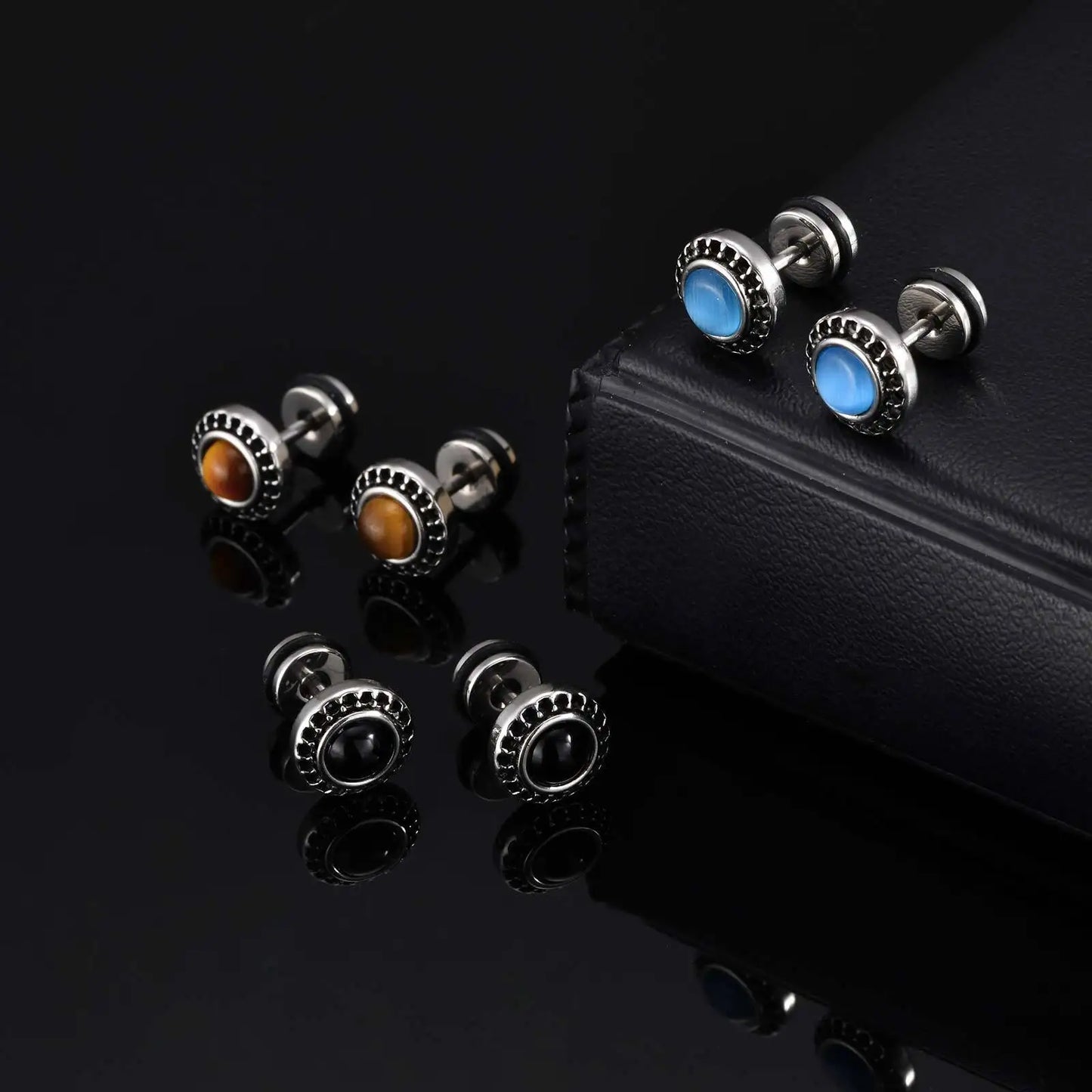 Punk Natural Stone Stud Earrings for Men Boys,Tiger Eye Stone Round Earrings,New Simple Ear Jewelry Gifts