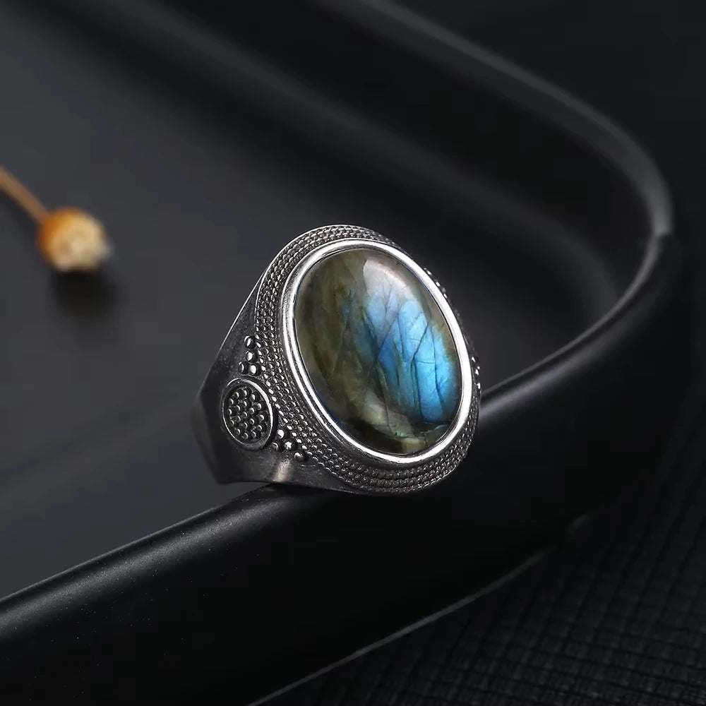 Anillo Vintage de Plata 925 con Labradorita Natural y Piedra Luna – Estilo Boho Real
