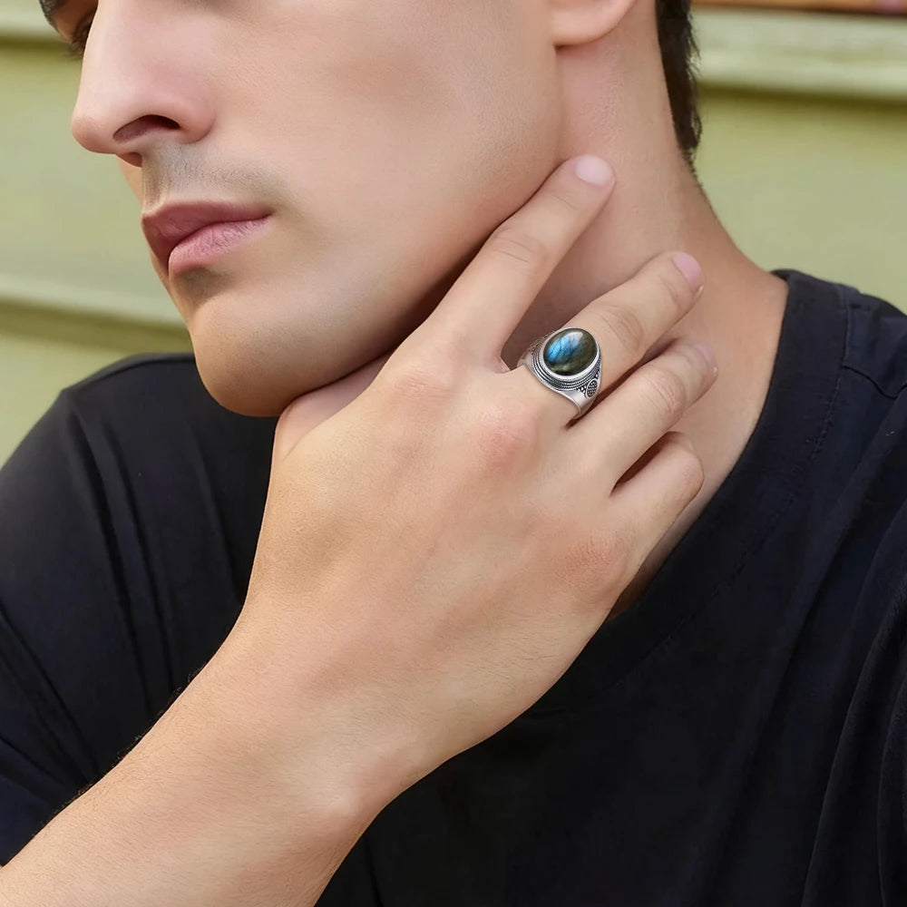 Anillo Vintage de Plata 925 con Labradorita Natural y Piedra Luna – Estilo Boho Real