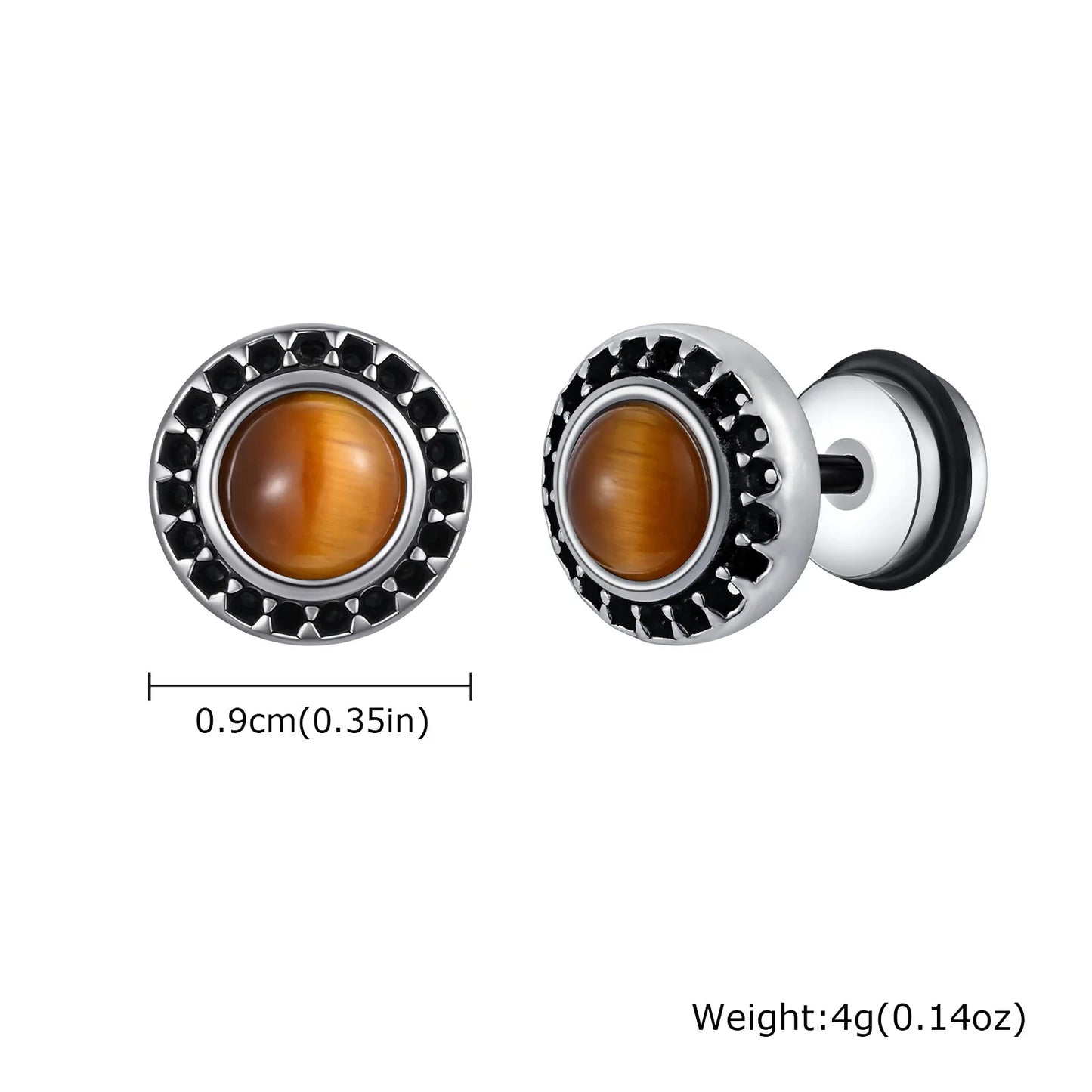 Punk Natural Stone Stud Earrings for Men Boys,Tiger Eye Stone Round Earrings,New Simple Ear Jewelry Gifts