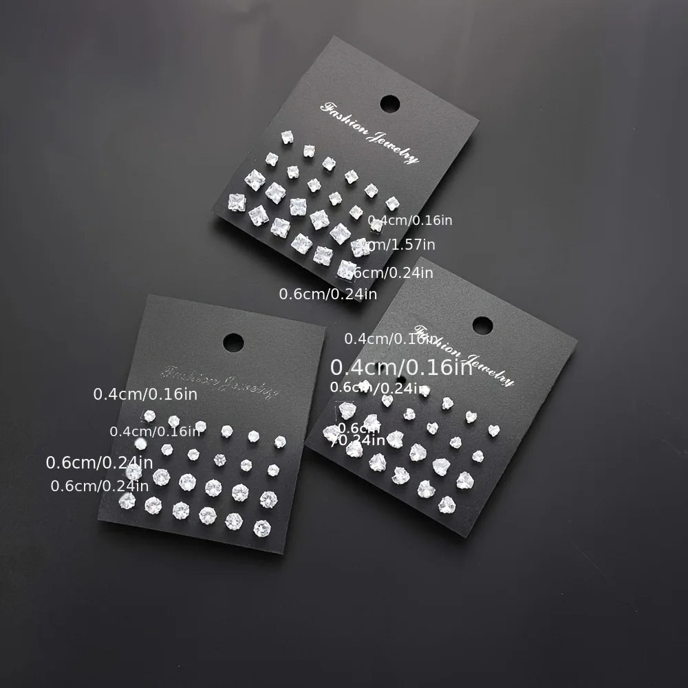 Autumn/Winter Geometric Six-Claw Heart-Shaped Crystal Zircon Basic Set Ear Studs Vintage Elegant 36 Pairs Unisex