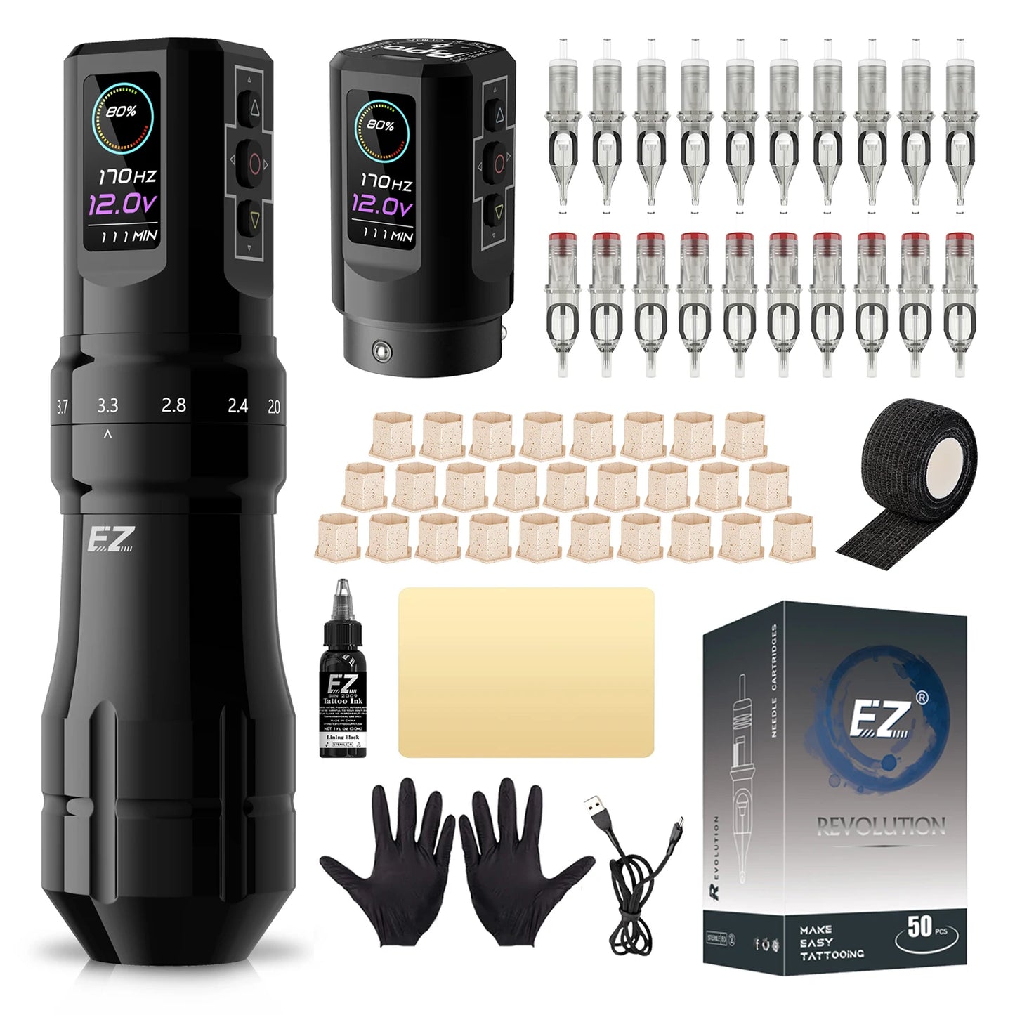 EZ P3 Pro Wireless Battery Tattoo Machine Pen Kits 50pcs EZ Cartridge Tattoo Needles Adjustable Stroke OLED Digital Display