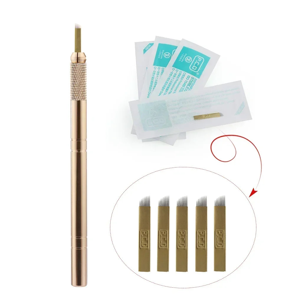 Set Professional Microblading: Pluma Tebori Gold + 5 Agujas Flex (12 Pins)