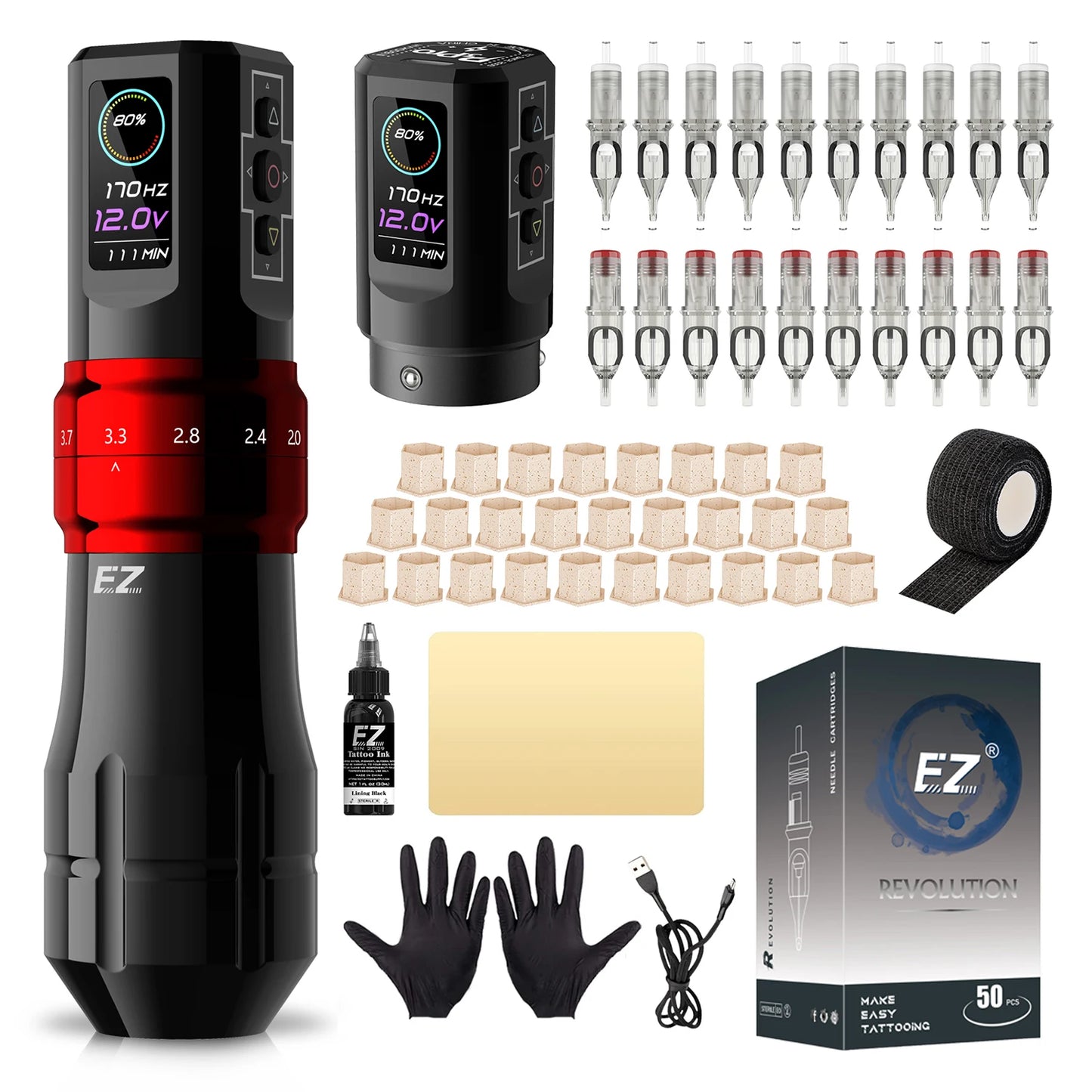 EZ P3 Pro Wireless Battery Tattoo Machine Pen Kits 50pcs EZ Cartridge Tattoo Needles Adjustable Stroke OLED Digital Display