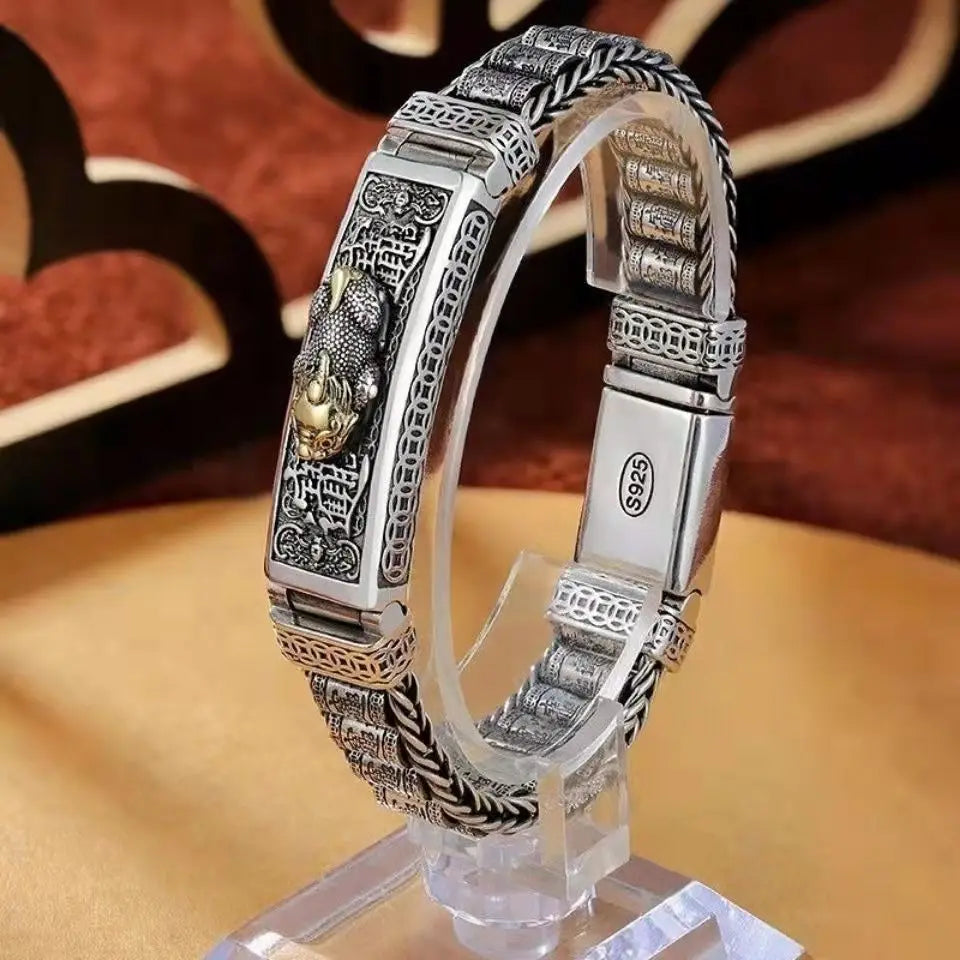 Pulsera de Plata 925 "Pixiu de la Suerte" – Estilo Retro Macizo y Protector