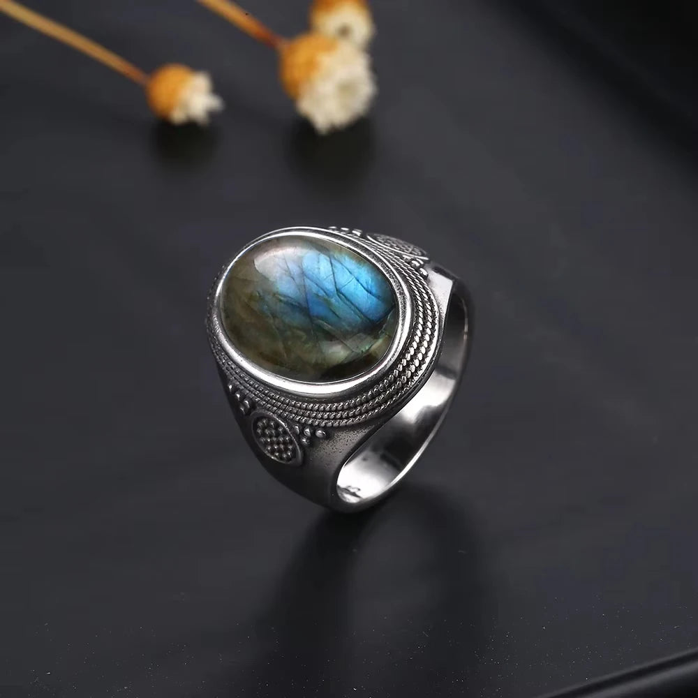 Anillo Vintage de Plata 925 con Labradorita Natural y Piedra Luna – Estilo Boho Real