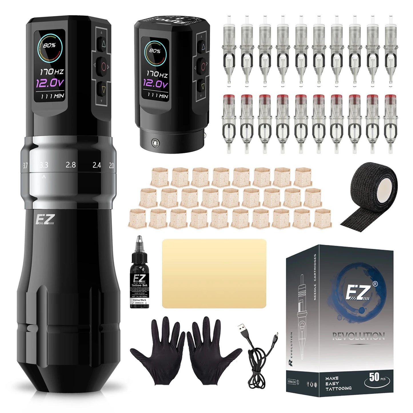 EZ P3 Pro Wireless Battery Tattoo Machine Pen Kits 50pcs EZ Cartridge Tattoo Needles Adjustable Stroke OLED Digital Display