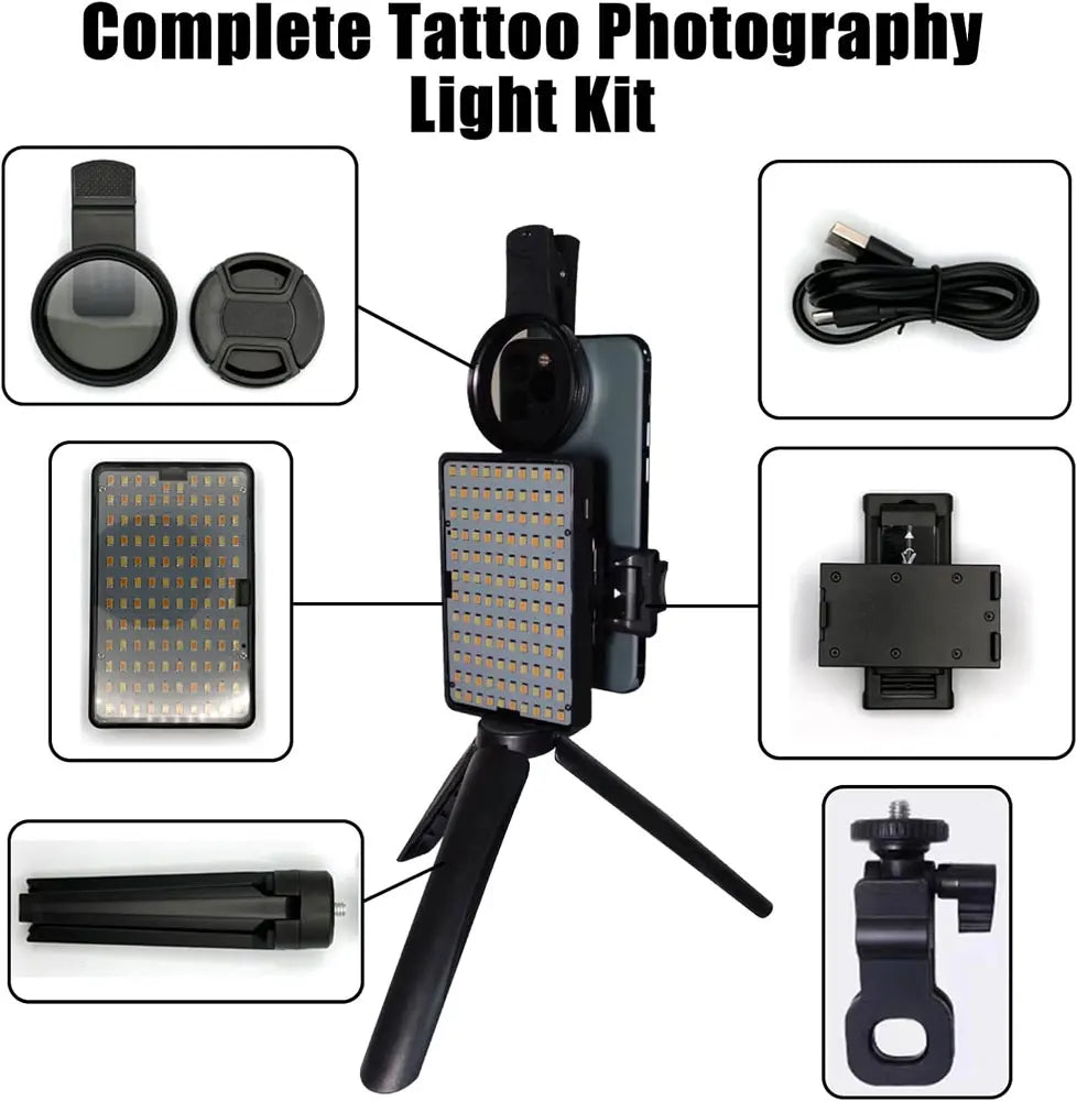 Kit de Fotografía Polarizada para Tatuajes – Luz de Relleno + Lentes Polarizados (Elimina Brillos y Reflejos)