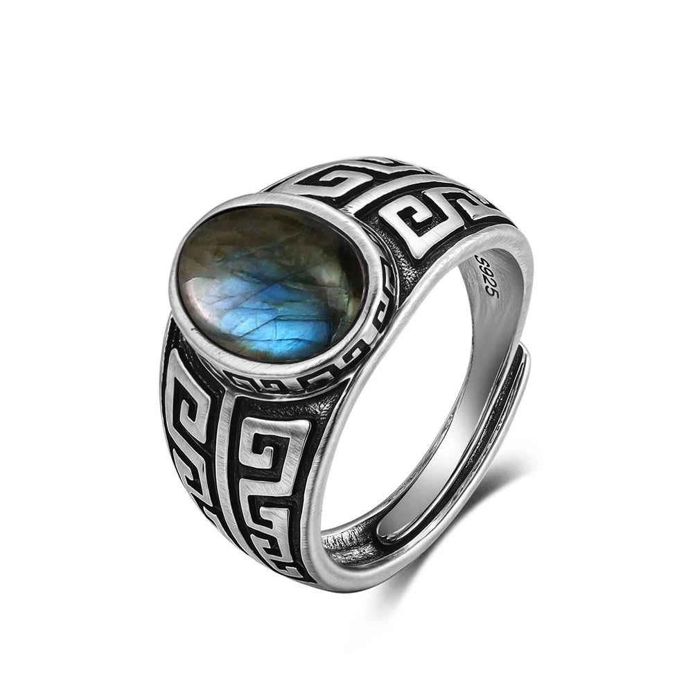 Anillo Vintage de Plata 925 con Labradorita Natural y Piedra Luna – Estilo Boho Real